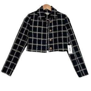 Jason Wu Cropped Tweed Blazer Sz XS Black Metallic Collard Long Sleeve Preppy